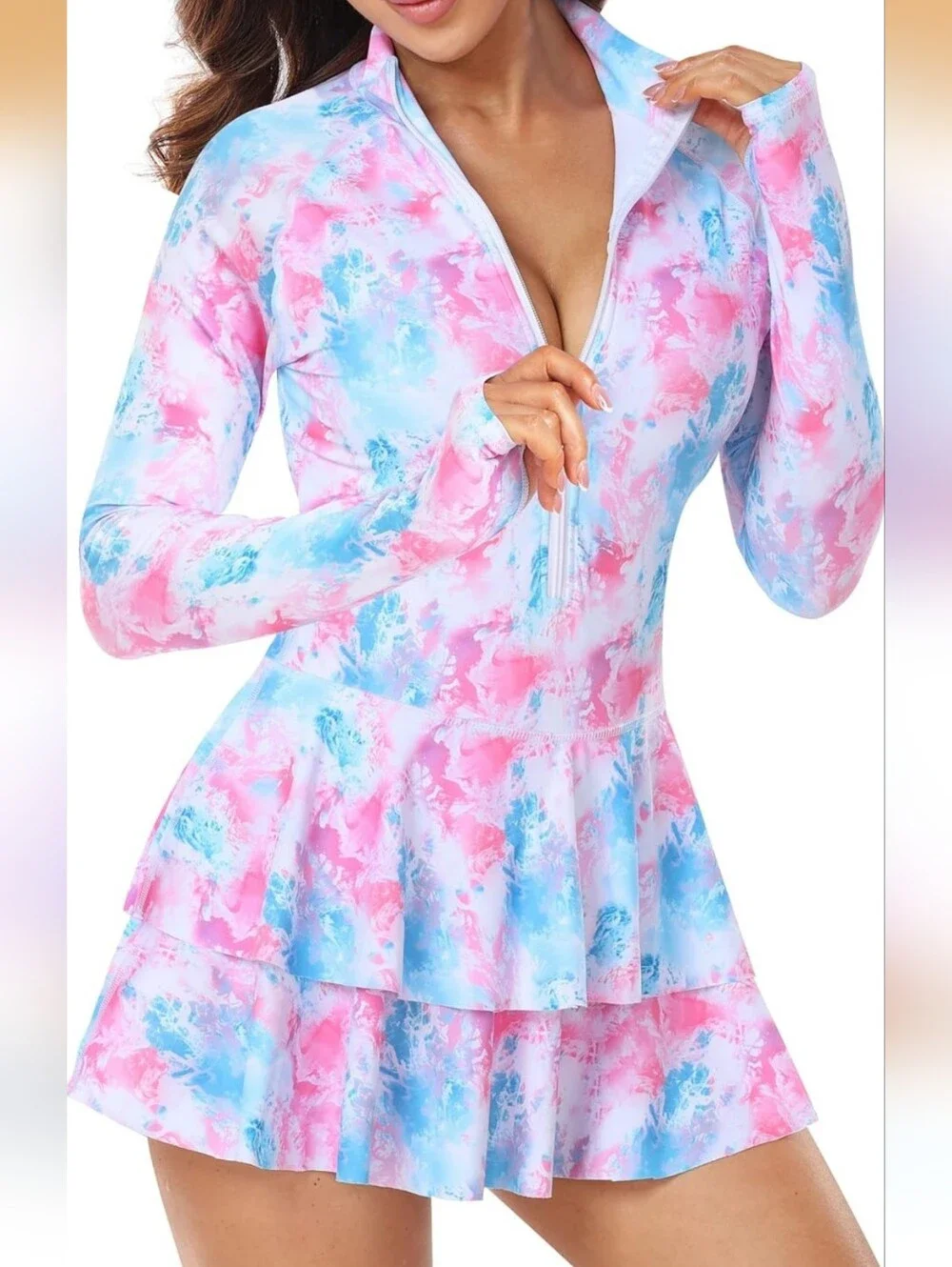 Pink & Blue Tie-Dye Long Sleeve Swim Dress With Shorts Size M - Picture 1 of 7